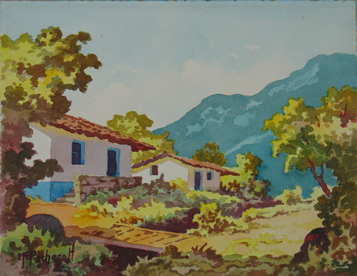 Casas y puente por Pacheco, Fausto